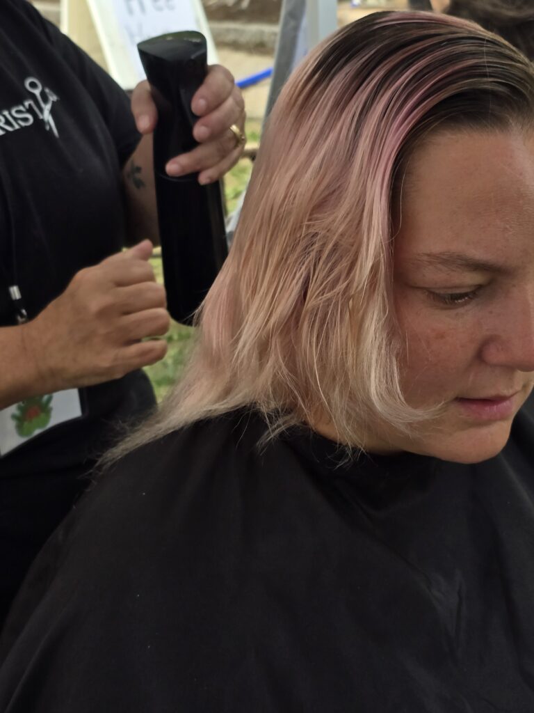 Hair before crossfade braid haircut at Day of Joy outreach event