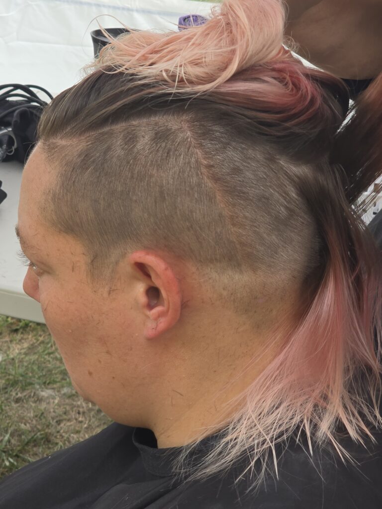 Hair before crossfade braid haircut at Day of Joy outreach event