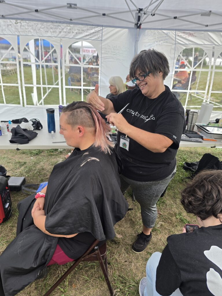 Hair before crossfade braid haircut at Day of Joy outreach event