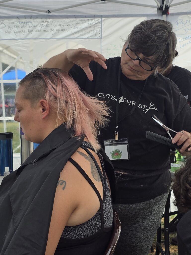 Hair before crossfade braid haircut at Day of Joy outreach event