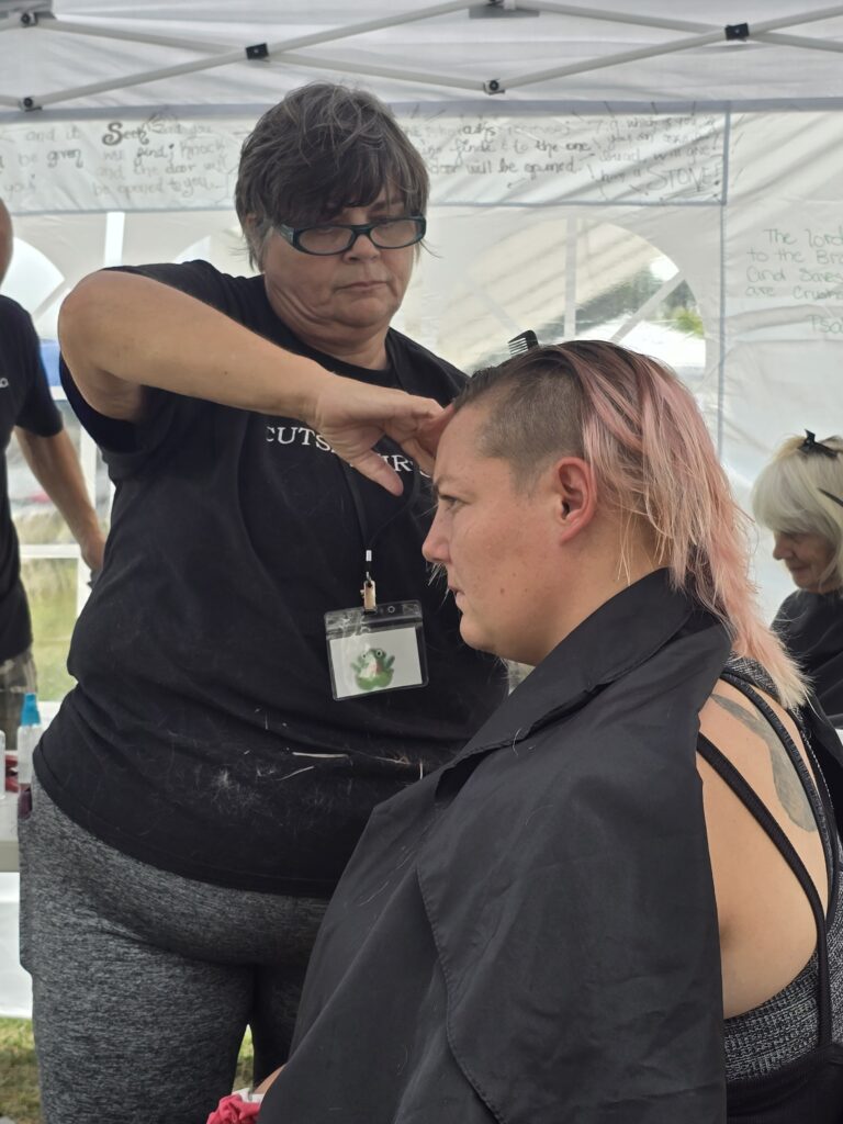 Hair before crossfade braid haircut at Day of Joy outreach event