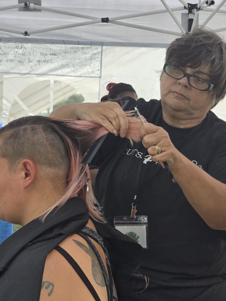 Hair before crossfade braid haircut at Day of Joy outreach event
