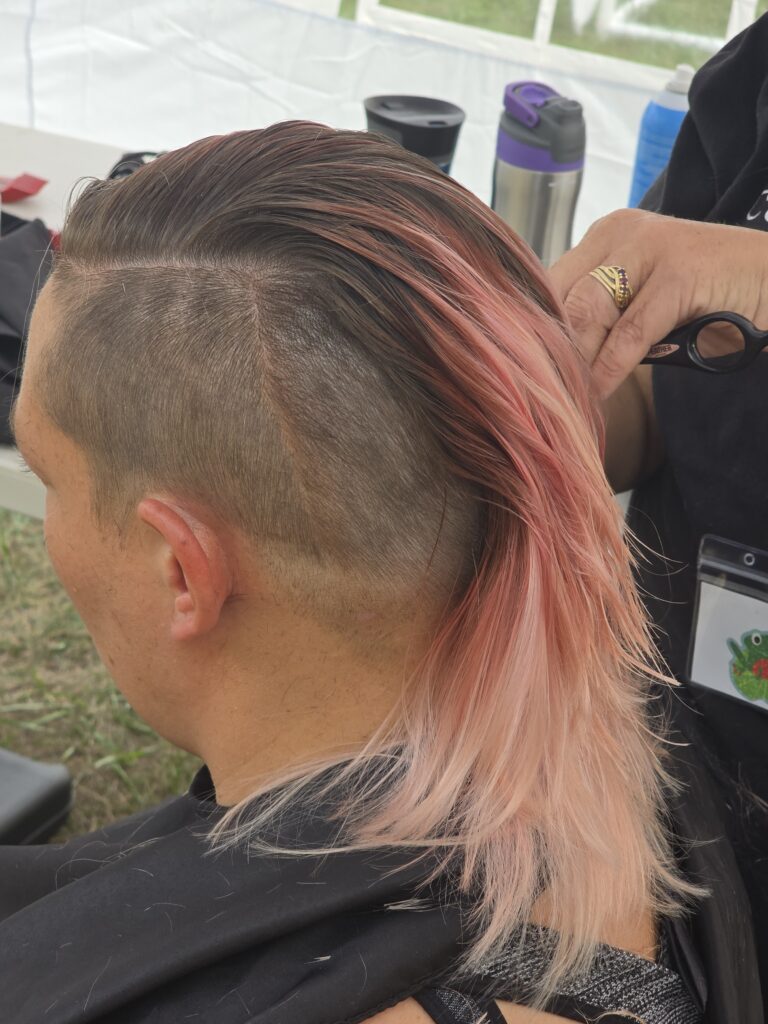 Hair before crossfade braid haircut at Day of Joy outreach event
