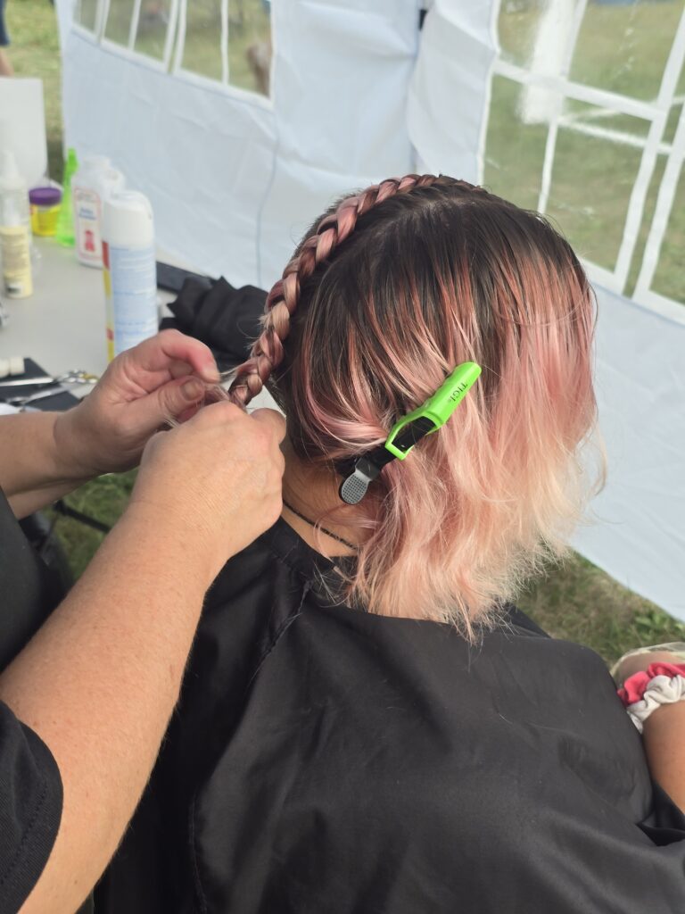 Hair before crossfade braid haircut at Day of Joy outreach event