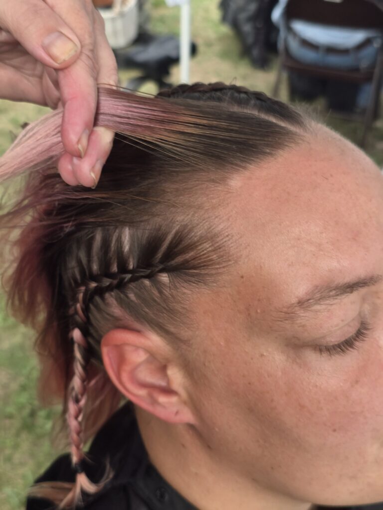 Hair before crossfade braid haircut at Day of Joy outreach event