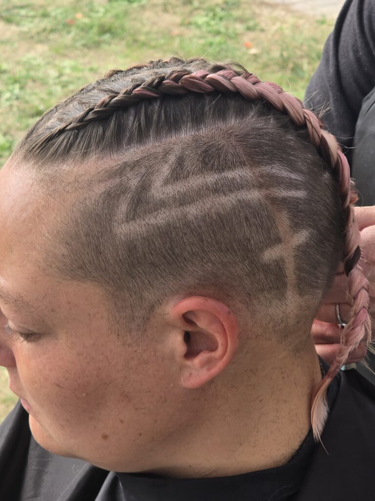 Hair before crossfade braid haircut at Day of Joy outreach event