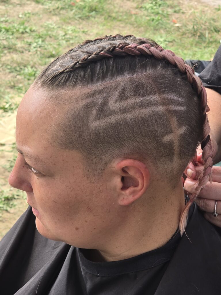 Hair before crossfade braid haircut at Day of Joy outreach event