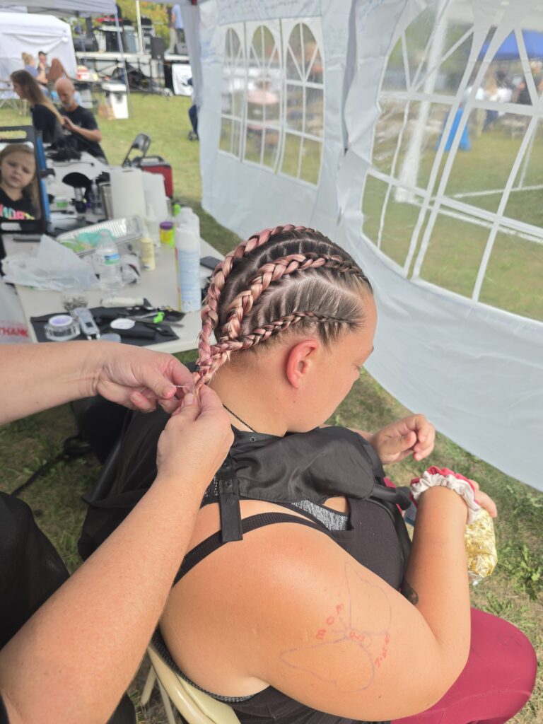 Hair before crossfade braid haircut at Day of Joy outreach event