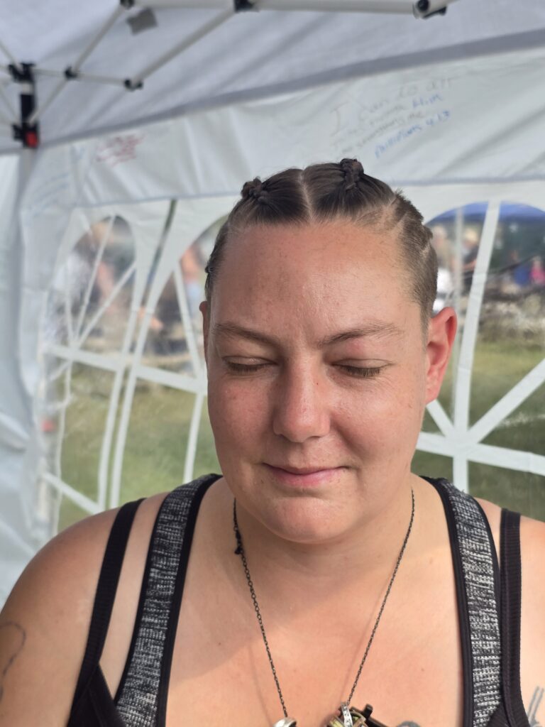 Hair before crossfade braid haircut at Day of Joy outreach event